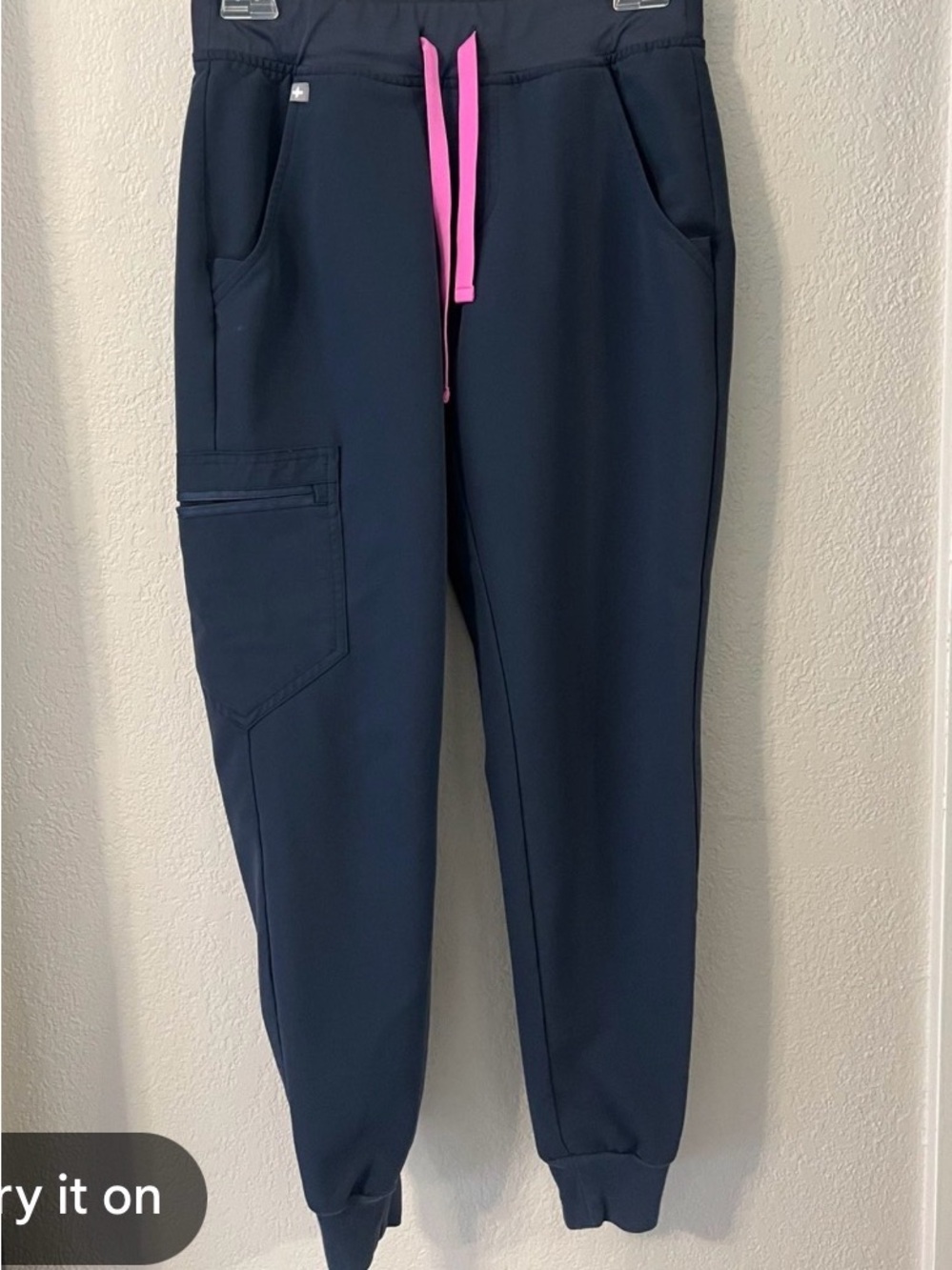 Figs Navy Joggers with Pink Drawstring